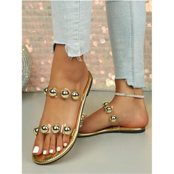 Womens Beaded Clear Flat Sandals Open Toe Dressy Slide Summer Shoes Trendy - Picture 3 of 6